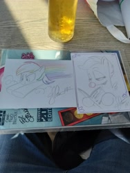 Size: 5664x4248 | Tagged: safe, artist:andypriceart, idw, imported from derpibooru, rainbow dash, scootaloo, pegasus, pony, spoiler:comic, bubblegum, flying, food, gum, magazine, mcm comic con, reading