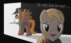 Size: 3792x2292 | Tagged: safe, artist:mrlolcats17, imported from derpibooru, oc, oc only, oc:calamity, oc:calamity's father, pegasus, pony, fallout equestria, battle saddle, butt, dashite, duo, fanfic, fanfic art, gun, hat, hooves, i really like her mane, male, neighvarro, open mouth, plot, rifle, saddle bag, spread wings, stallion, weapon, wings