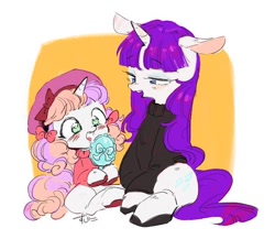 Size: 660x574 | Tagged: safe, artist:29axa, imported from derpibooru, rarity, sweetie belle, pony, unicorn, abstract background, alternate hairstyle, beatnik rarity, blushing, clothes, cute, diasweetes, duo, female, filly, hairbrush, lidded eyes, mare, mirror, no pupils, open mouth, siblings, sisters, sweater