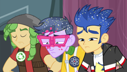 Size: 1280x720 | Tagged: safe, imported from derpibooru, screencap, flash sentry, microchips, sandalwood, a banner day, equestria girls, clothes, eyes closed, glasses, jacket, male, messy hair, trio