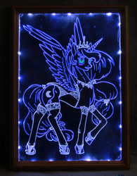 Size: 1024x1310 | Tagged: safe, artist:irfp250n, artist:longinius, imported from derpibooru, princess luna, alicorn, pony, acrylic plastic, acrylight, blushing, clothes, craft, craft for the fearless, engraving, female, jewelry, led, lingerie, mare, necklace, smiling, solo, spread wings, stockings, tiara, underwear, white underwear, wings