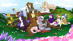 Size: 1920x1080 | Tagged: safe, artist:artsbymilky, imported from derpibooru, shining armor, oc, anthro, empoleon, griffon, pony, robot, amputee, anthro oc, anthro with ponies, canon x oc, gift art, glasses, griffon oc, group, pokémon, prosthetic limb, prosthetics