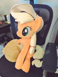 Size: 768x1024 | Tagged: safe, artist:nekokevin, imported from derpibooru, applejack, earth pony, pony, applejack's hat, chair, cowboy hat, female, freckles, hat, irl, mare, photo, plushie, sewing machine, sitting, smiling, solo