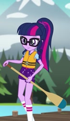 Size: 417x714 | Tagged: safe, imported from derpibooru, screencap, sci-twi, twilight sparkle, equestria girls, legend of everfree, cropped, female, mountain, oar, pier, solo