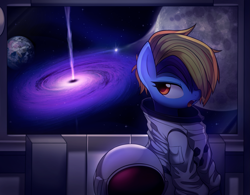 Size: 3071x2400 | Tagged: safe, artist:maren, imported from derpibooru, oc, oc only, pony, astronaut, clothes, commission, earth, hair over one eye, not rainbow dash, quasar, solo, space, spacesuit, window