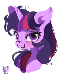 Size: 800x1024 | Tagged: safe, artist:tohupo, imported from derpibooru, twilight sparkle, alicorn, pony, blushing, bust, female, looking at you, mare, messy mane, portrait, simple background, smiling, solo, three quarter view, twilight sparkle (alicorn), white background