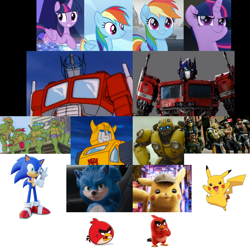 Size: 1104x1095 | Tagged: safe, deleted from derpibooru, imported from derpibooru, rainbow dash, twilight sparkle, pikachu, my little pony: the movie, angry birds, bumblebee, crossover, detective pikachu, grammar error in description, optimus prime, pokémon, sonic movie 2019, sonic the hedgehog, sonic the hedgehog (series), teenage mutant ninja turtles, transformers