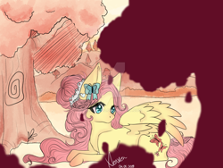 Size: 1280x960 | Tagged: safe, artist:xenxen-s2, imported from derpibooru, fluttershy, butterfly, pegasus, pony, alternate hairstyle, cute, deviantart watermark, female, forest, hair accessory, mare, obtrusive watermark, prone, shyabetes, solo, tree, watermark