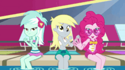 Size: 1336x752 | Tagged: safe, imported from derpibooru, screencap, derpy hooves, lyra heartstrings, pinkie pie, equestria girls, equestria girls series, i'm on a yacht, spoiler:eqg series (season 2), animated, belly button, bikini, bikini top, clothes, cute, dancing, derpabetes, diapinkes, female, gif, glasses, heart glasses, heart shaped glasses, lidded eyes, looking at you, lyrabetes, midriff, one-piece swimsuit, pool party, sleeveless, sunglasses, swimming pool, swimsuit, trio, trio female, vip