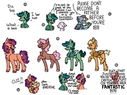 Size: 1024x768 | Tagged: safe, artist:pyrixii, imported from derpibooru, rainbow dash, oc, oc:dust bunny, oc:snapdragon, oc:tulip tea, earth pony, pegasus, pony, kindverse, f.r.i.e.n.d.s, offspring's offspring, parent:oc:chocolate cheesecake, parent:oc:flower power, parent:oc:motocross, parent:oc:thunderclap