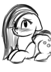 Size: 764x1080 | Tagged: safe, artist:taika403, imported from derpibooru, marble pie, earth pony, pony, blushing, cute, female, floppy ears, grayscale, marblebetes, mare, monochrome, prone, simple background, solo, white background