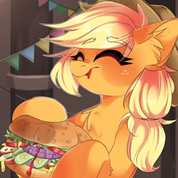 Size: 2000x2000 | Tagged: safe, artist:butter-bit, artist:butterbit, imported from derpibooru, applejack, earth pony, pony, apple, burger, chest fluff, cute, ear fluff, eating, eye clipping through hair, eyebrows, eyebrows visible through hair, eyes closed, female, food, freckles, hat, hay burger, herbivore, jackabetes, ketchup, leg fluff, lettuce, mare, onion, pickle, pickles, sauce, smiling, solo, tomato, veggie burger