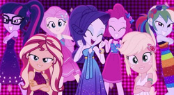 Size: 640x350 | Tagged: safe, imported from derpibooru, screencap, applejack, fluttershy, pinkie pie, rainbow dash, rarity, sci-twi, sunset shimmer, twilight sparkle, equestria girls, equestria girls series, i'm on a yacht, spoiler:eqg series (season 2), female, humane five, humane seven, humane six, lidded eyes, looking at you, neon eg logo, sleeveless