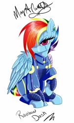 Size: 720x1193 | Tagged: safe, artist:mac1918, imported from derpibooru, rainbow dash, pony, the cutie re-mark, alternate timeline, amputee, apocalypse dash, augmented, crystal war timeline, female, hair over one eye, prosthetic limb, prosthetic wing, prosthetics, scar, signature, simple background, sitting, soldier, solo, torn ear, white background