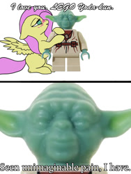 Size: 750x1000 | Tagged: safe, artist:slamjam, imported from derpibooru, fluttershy, blushing, crack shipping, crossover, crossover shipping, lego, lego yoda, shipping, shitposting, star wars, text, wat, yoda