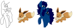 Size: 1024x390 | Tagged: safe, artist:calibykitty, artist:midnightamber, imported from derpibooru, oc, oc only, oc:midnight, oc:midnight specter, alicorn, eevee, pony, advertisement, alicorn oc, any gender, any species, commission, pokémon, solo, your character here