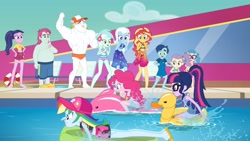 Size: 1920x1080 | Tagged: safe, imported from derpibooru, screencap, baewatch, bulk biceps, henry handle, lily pad (equestria girls), lyra heartstrings, manestrum, pinkie pie, rainbow dash, sci-twi, sunset shimmer, technicolor waves, trixie, twilight sparkle, equestria girls, equestria girls series, i'm on a yacht, spoiler:eqg series (season 2), ass, background human, barefoot, beach shorts swimsuit, belly button, bikini, butt, clothes, cruise, feet, female, floaty, geode of empathy, geode of shielding, geode of sugar bombs, geode of super speed, geode of super strength, geode of telekinesis, inflatable, inflatable toy, legs, lily pad (g4), magical geodes, male, male feet, male nipples, meal ticket, midriff, nipples, partial nudity, pinkie pie's beach shorts swimsuit, pool toy, racing, raft, rainbow dash's beach shorts swimsuit, rainbutt dash, riding, sandals, sarong, sci-twi's beach shorts swimsuit, sky, sleeveless, sunset shimmer's beach shorts swimsuit, swimming pool, swimsuit, tankini, topless