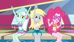 Size: 1920x1080 | Tagged: safe, imported from derpibooru, screencap, derpy hooves, lyra heartstrings, pinkie pie, equestria girls, equestria girls series, i'm on a yacht, spoiler:eqg series (season 2), arms in the air, belly button, bikini, bikini top, clothes, female, food, heart shaped glasses, midriff, muffin, sky, sleeveless, swimming pool, swimsuit, trio, trio female, vip