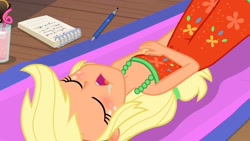 Size: 1920x1080 | Tagged: safe, artist:patricksiegler, imported from derpibooru, screencap, applejack, equestria girls, equestria girls series, i'm on a yacht, spoiler:eqg series (season 2), clothes, drool, female, sleeveless, solo, sunburn