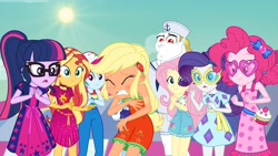 Size: 1920x1080 | Tagged: safe, imported from derpibooru, screencap, applejack, bulk biceps, fluttershy, pinkie pie, rainbow dash, rarity, sci-twi, sunset shimmer, twilight sparkle, equestria girls, equestria girls series, i'm on a yacht, spoiler:eqg series (season 2), baseball cap, cap, clothes, female, geode of empathy, geode of fauna, geode of shielding, geode of sugar bombs, geode of super speed, geode of super strength, glasses, hat, heart glasses, heart shaped glasses, humane five, humane seven, humane six, magical geodes, male, ponytail, sailor, sailor hat, sleeveless, sun, sunburn, sunglasses