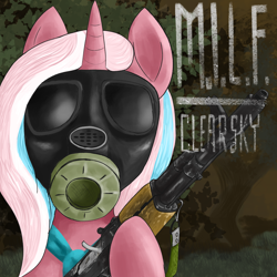 Size: 1200x1200 | Tagged: safe, artist:t72b, derpibooru exclusive, imported from derpibooru, clear sky, pony, unicorn, common ground, ak74, bipedal, bust, female, gas mask, gun, hoof hold, mare, mask, milf, parody, portrait, rifle, s.t.a.l.k.e.r., solo, text, weapon