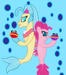 Size: 1300x1479 | Tagged: safe, artist:bigpurplemuppet99, imported from derpibooru, pinkie pie, princess skystar, shelldon, shelly, pony, seapony (g4), blue background, clam, duo, female, lesbian, mare, seaponified, seapony pinkie pie, shipping, simple background, skypie, species swap