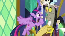 Size: 1280x720 | Tagged: safe, imported from derpibooru, screencap, discord, twilight sparkle, alicorn, the beginning of the end, duo, female, flying, hooves together, male, open mouth, pleading, spread wings, twilight sparkle (alicorn), wings