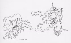 Size: 2950x1790 | Tagged: safe, artist:dilarus, deleted from derpibooru, imported from derpibooru, pinkie pie, princess luna, alicorn, anthro, comic:the many faces of twilight sparkle, dialogue, female, mole, monochrome, not salmon, simple background, traditional art, wat, white background