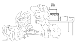 Size: 616x347 | Tagged: safe, artist:php162, imported from derpibooru, fluttershy, pinkie pie, cake, food, monochrome, pied