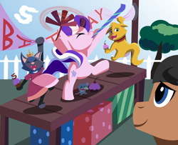Size: 1500x1219 | Tagged: safe, artist:magerblutooth, imported from derpibooru, diamond tiara, oc, oc:dazzle, oc:peal, cat, earth pony, mouse, pony, comic:diamond and dazzle, banner, cherry, cupcake, food, happy birthday, party horn, present, tree