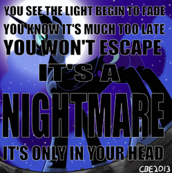 Size: 666x670 | Tagged: artist needed, safe, artist:cbear624, editor:undeadponysoldier, imported from derpibooru, nightmare moon, alicorn, female, flowing mane, looking at you, looking back, looking back at you, love automatic, lyrics, mare, midnight, moon, nightmare, song reference, stars, stars in mane, text