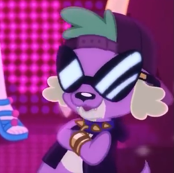 Size: 701x696 | Tagged: safe, imported from derpibooru, screencap, pinkie pie, spike, spike the regular dog, dog, equestria girls, equestria girls series, i'm on a yacht, spoiler:eqg series (season 2), cropped, crossed arms, glasses, neon eg logo, offscreen character, rapper spike, spike's dog collar
