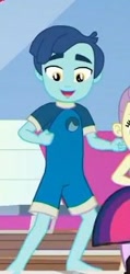 Size: 175x369 | Tagged: safe, imported from derpibooru, screencap, henry handle, lily pad (equestria girls), manestrum, sci-twi, twilight sparkle, equestria girls, equestria girls series, i'm on a yacht, spoiler:eqg series (season 2), background human, cropped, feet, legs, lily pad (g4), male, male feet, offscreen character, smiling