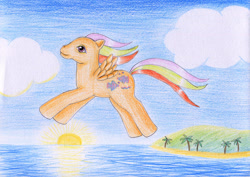 Size: 1280x908 | Tagged: safe, artist:normaleeinsane, imported from derpibooru, sea breeze, pony, female, g1, solo, traditional art, tropical ponies