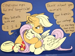 Size: 2048x1536 | Tagged: safe, artist:incendiaryboobs, artist:incendiarymoth, imported from derpibooru, applejack, fluttershy, earth pony, pegasus, pony, anxiety, comforting, friendship, hug, panic attack, prone