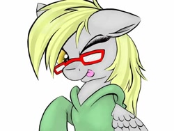 Size: 720x540 | Tagged: safe, artist:mac1918, imported from derpibooru, derpy hooves, pegasus, pony, clothes, female, floppy ears, glasses, hoodie, looking at you, mare, one eye closed, simple background, solo, sweatshirt, tongue out, white background, wink