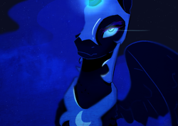 Size: 925x657 | Tagged: safe, artist:caseykeshui, imported from derpibooru, nightmare moon, alicorn, pony, ethereal mane, female, glowing eyes, glowing horn, hair over one eye, helmet, jewelry, looking at you, mare, regalia, simple background, solo, starry mane, unamused