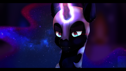 Size: 2560x1440 | Tagged: safe, artist:caseykeshui, imported from derpibooru, nightmare moon, pony, abstract background, bust, cute, cute little fangs, ear fluff, ethereal mane, fangs, female, glowing horn, helmet, jewelry, lidded eyes, mare, redraw, regalia, solo, starry mane