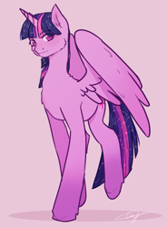 Size: 1060x1440 | Tagged: safe, artist:caseykeshui, imported from derpibooru, twilight sparkle, alicorn, pony, constellation, ethereal mane, eye clipping through hair, eyebrows, eyebrows visible through hair, female, looking at you, mare, pink background, simple background, solo, starry mane, twilight sparkle (alicorn)