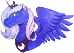 Size: 3970x2885 | Tagged: safe, artist:bennythebunny95, imported from derpibooru, princess luna, alicorn, pony, bust, ear fluff, eyebrows, eyebrows visible through hair, female, hoers, horn, jewelry, mare, portrait, profile, regalia, s1 luna, simple background, solo, spread wings, traditional art, white background, wings