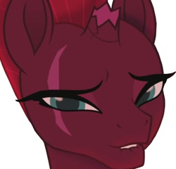 Size: 646x620 | Tagged: safe, imported from derpibooru, screencap, tempest shadow, pony, unicorn, my little pony: the movie, broken horn, bust, clothes, cropped, eye scar, horn, lip bite, scar, simple background, white background