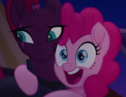 Size: 1024x785 | Tagged: safe, imported from derpibooru, screencap, pinkie pie, tempest shadow, pony, unicorn, my little pony: the movie, broken horn, cropped, cute, diapinkes, duo, eye scar, horn, hug, open mouth, scar, tempestbetes