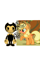 Size: 1500x2668 | Tagged: safe, edit, edited screencap, imported from derpibooru, screencap, applejack, pony, 1000 hours in ms paint, background pony strikes again, bendy and the ink machine, blank space, blushing, op is a duck, shipping