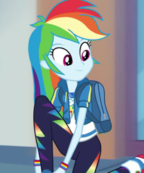 Size: 900x1080 | Tagged: safe, imported from derpibooru, screencap, rainbow dash, equestria girls, equestria girls series, run to break free, spoiler:eqg series (season 2), backpack, cute, dashabetes, female, geode of super speed, magical geodes