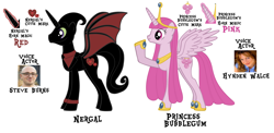 Size: 5928x2888 | Tagged: safe, imported from derpibooru, alicorn, demon, demon pony, human, pony, unicorn, business suit, clothes, crossover, crown, female, horn, husband and wife, hynden walch, irl, irl human, jewelry, magic horn, male, mare, nergal, photo, pink, princess bubblegum, red, regalia, solo, stallion, steve burns, voice actor, voice actors, wings