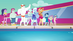 Size: 1920x1080 | Tagged: safe, imported from derpibooru, screencap, baewatch, bulk biceps, henry handle, lily pad (equestria girls), lyra heartstrings, manestrum, pinkie pie, rainbow dash, sci-twi, sunset shimmer, technicolor waves, trixie, twilight sparkle, equestria girls, equestria girls series, i'm on a yacht, spoiler:eqg series (season 2), background human, barefoot, belly button, bikini, clothes, cruise, feet, female, floaty, geode of empathy, geode of shielding, geode of sugar bombs, geode of super speed, geode of super strength, geode of telekinesis, inflatable, inflatable toy, legs, lily pad (g4), magical geodes, male, male nipples, meal ticket, midriff, nipples, nudity, one-piece swimsuit, partial nudity, pool toy, racing, raft, riding, sarong, short shirt, skirt, sky, swimming pool, swimsuit, tankini, topless