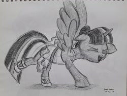 Size: 3264x2448 | Tagged: safe, artist:rockhoppr3, imported from derpibooru, twilight sparkle, alicorn, pony, ballerina, clothes, do the sparkle, female, monochrome, solo, traditional art, tutu, twilarina, twilight sparkle (alicorn)