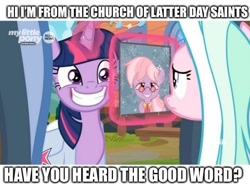 Size: 572x425 | Tagged: safe, edit, edited screencap, imported from derpibooru, screencap, dusty pages, tender brush, twilight sparkle, winter lotus, alicorn, the point of no return, caption, creepy, creepy smile, faic, image macro, meme, mormon, mormonism, mormons, saddle bag, smiling, text, twilight sparkle (alicorn)