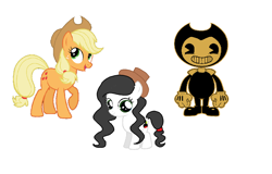 Size: 1508x968 | Tagged: safe, imported from derpibooru, applejack, earth pony, pony, 1000 hours in ms paint, bendy and the ink machine, crossover, crossover shipping, hat, offspring, parent:applejack, parent:bendy, shipping, simple background, white background