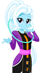 Size: 800x1418 | Tagged: safe, artist:rosemile mulberry, imported from derpibooru, trixie, equestria girls, clothes, cosplay, costume, dragon ball, dragon ball super, female, kissy face, simple background, solo, white background